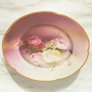 Antique Bavaria Hand Painted Porcelain Plate Pink White Roses 9.75" Gold Trimmed